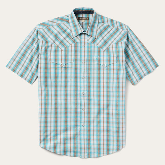 Turquoise Plaid Short-Sleeve Western Shirt